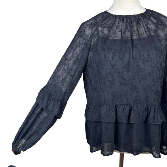 Pinch NWT Black Sheer Chiffon Textured Ruffle Long Sleeve Blouse w Camisole - Picture 9 of 15